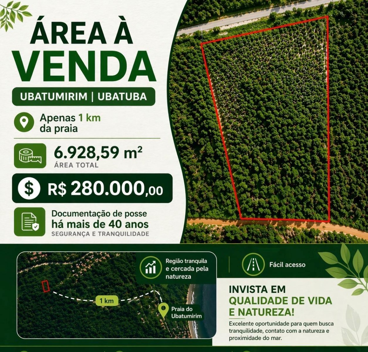 Área a venda a 1 km da Praia do Ubatumirim.